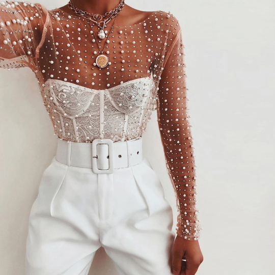Transparent O-Neck Long Sleeve Sexy Lace Mesh Shirt Club Party Tops Spring