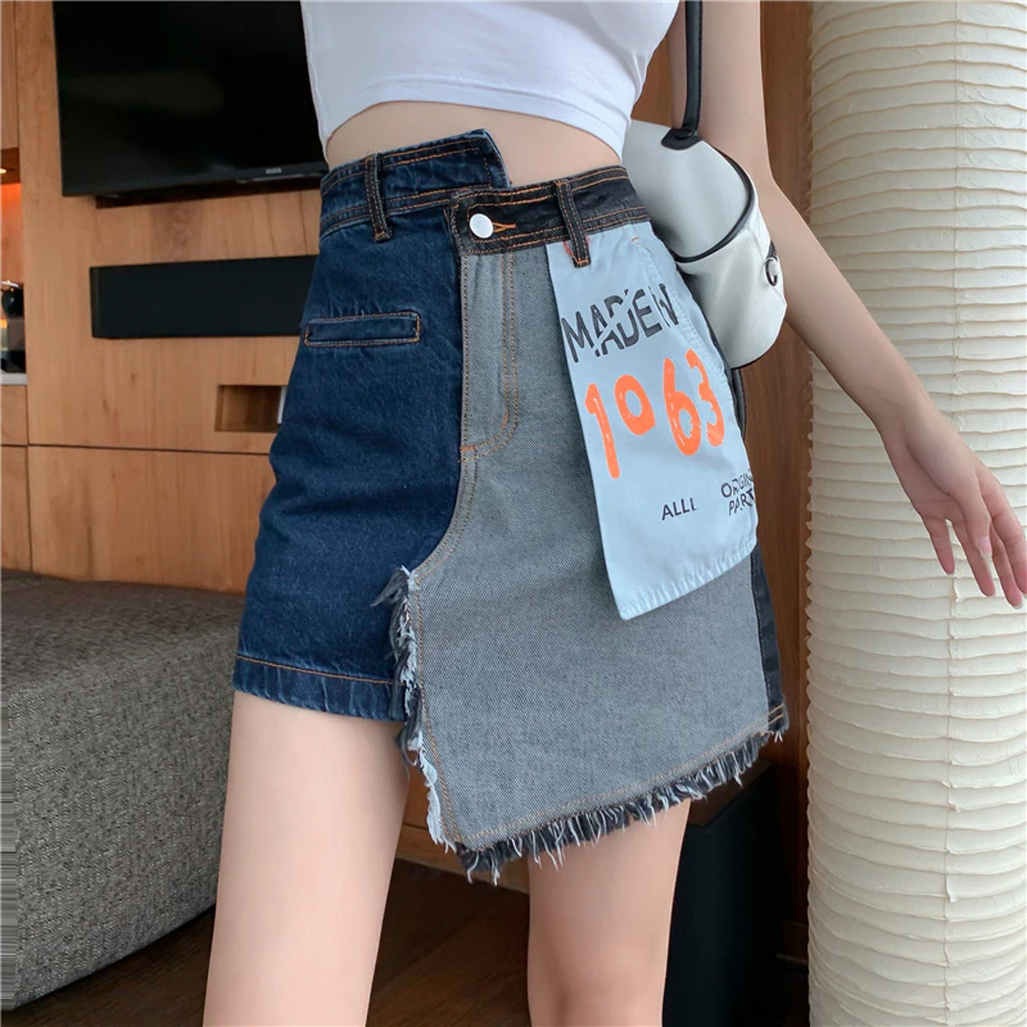 Korean High Waist A-line Denim Irregular Stitching Skirt Version