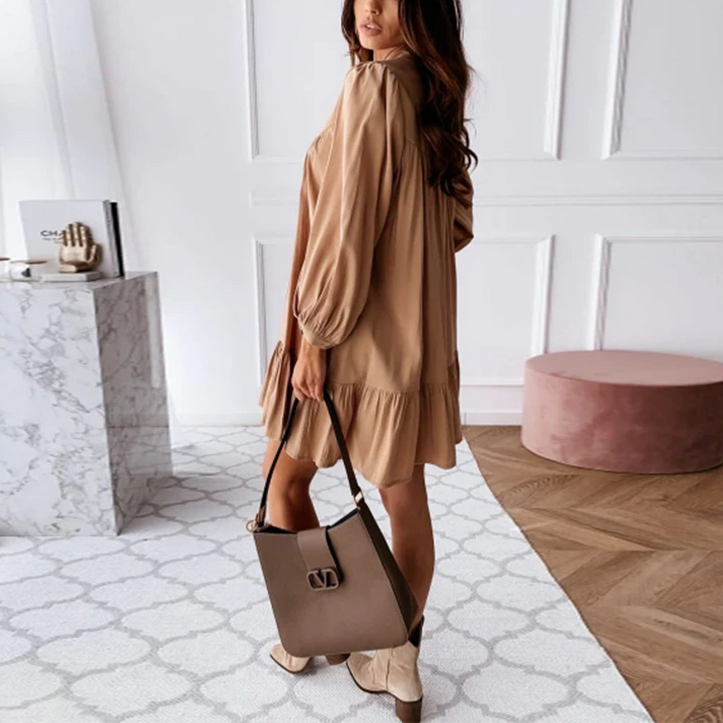 Women's Vintage Ruffled Front Button A-line Long Sleeve Elegant Casual Mini Dress