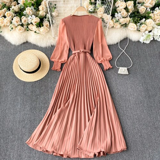 Slim Waist Pleated Elegant Chiffon Dress - Women's Spring French Style Puff Long Sleeve