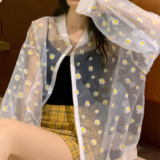 Mini White Daisies Print Style Women's See-through Coat