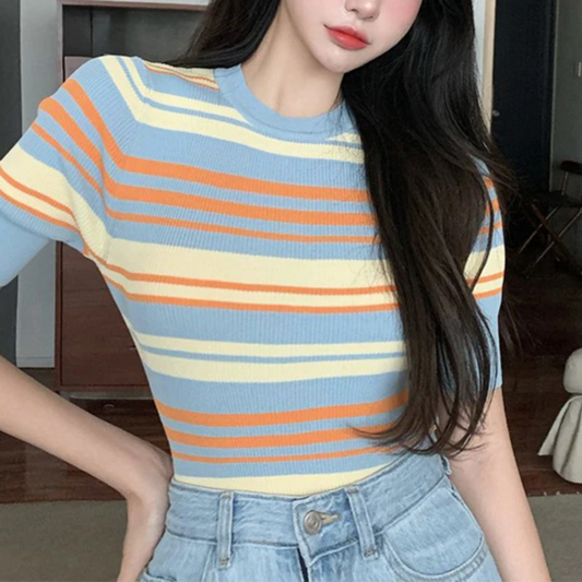 Kpop Fahion Knitted Rainbow Stripes Short Sleeve Women's Tshirt(One Size)