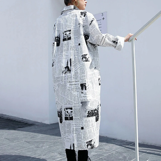 White Newspaper Cardigan Print Loose Dress