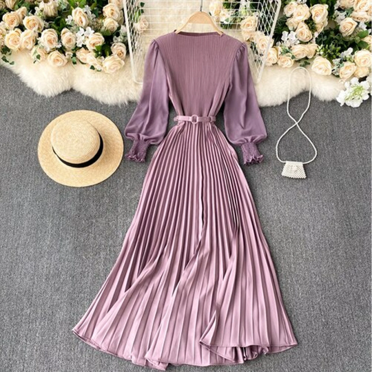 Slim Waist Pleated Elegant Chiffon Dress - Women's Spring French Style Puff Long Sleeve