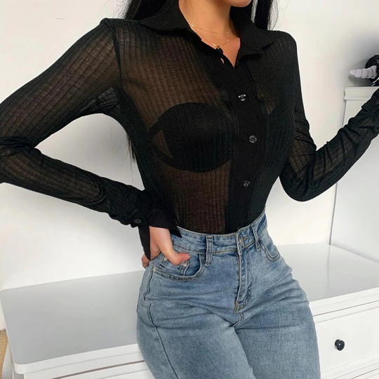 Transparent Turn Down Collar Style Women's Long Sleeves Top