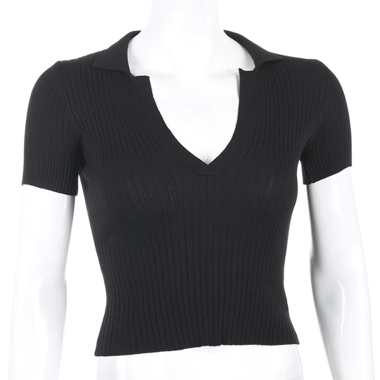Chic knitted V-neck Short Sleeves Style Women's Skinny Top