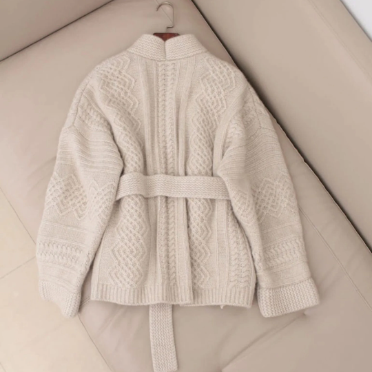Women's Warm Knitted Cardigan Casual Sweater with Criss-Cross Belt