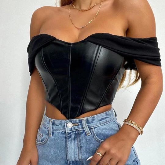 Chiffon Sleeves Corset Style Leather Sexy Crop Top