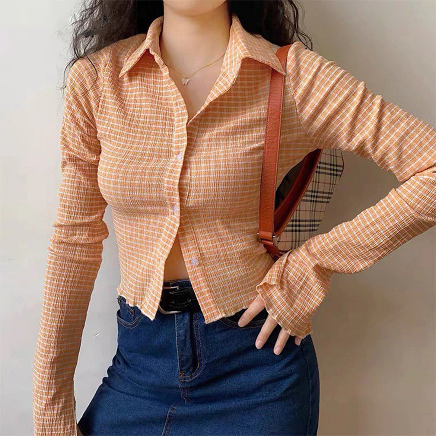 Women's Vintage Sexy Crop Top Long Sleeve V Neck Plaid Print