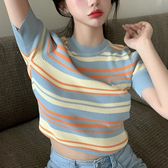 Kpop Fahion Knitted Rainbow Stripes Short Sleeve Women's Tshirt(One Size)