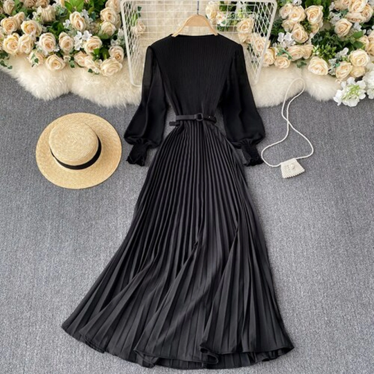Slim Waist Pleated Elegant Chiffon Dress - Women's Spring French Style Puff Long Sleeve