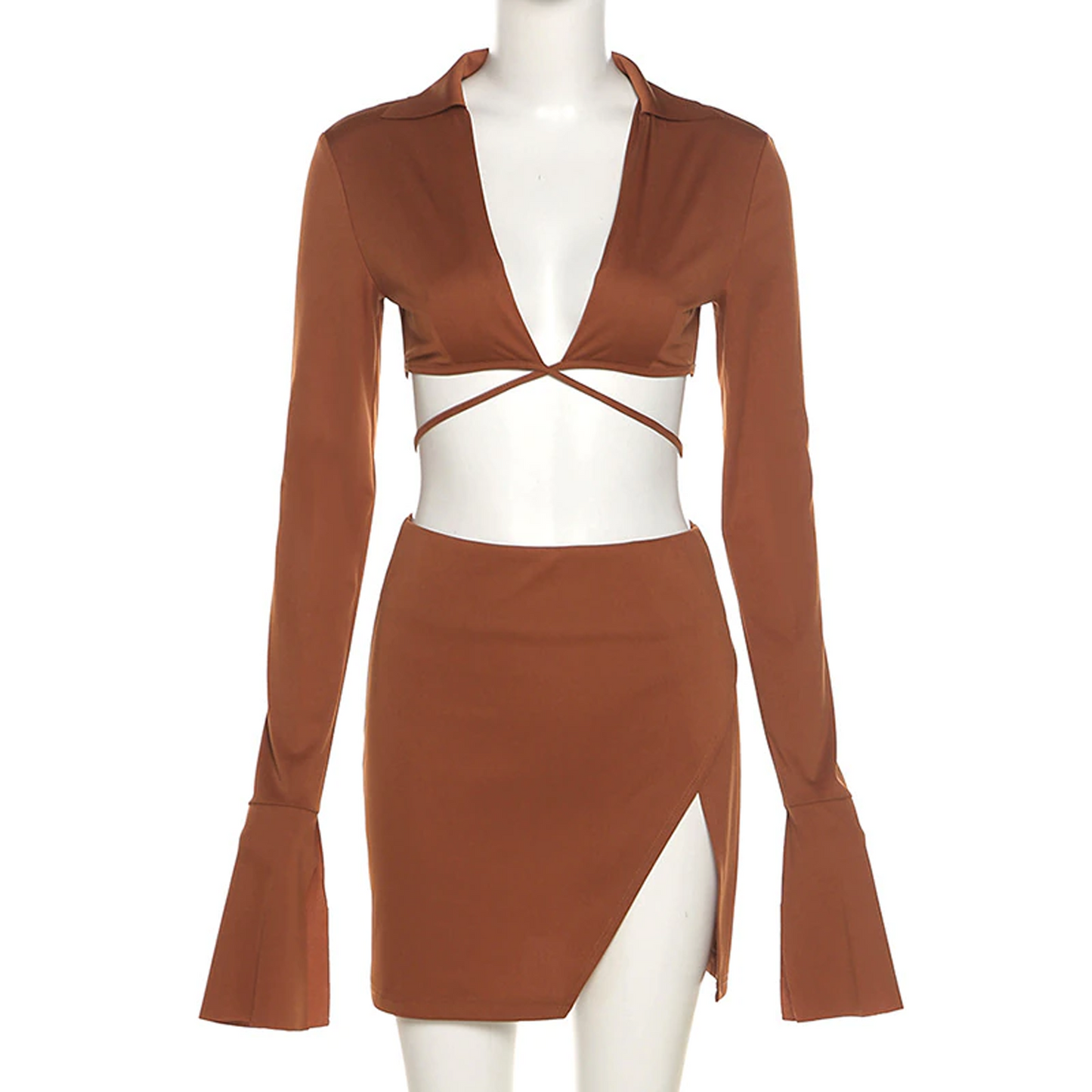 Brown Sexy Tie Front Top and Skirt Sets