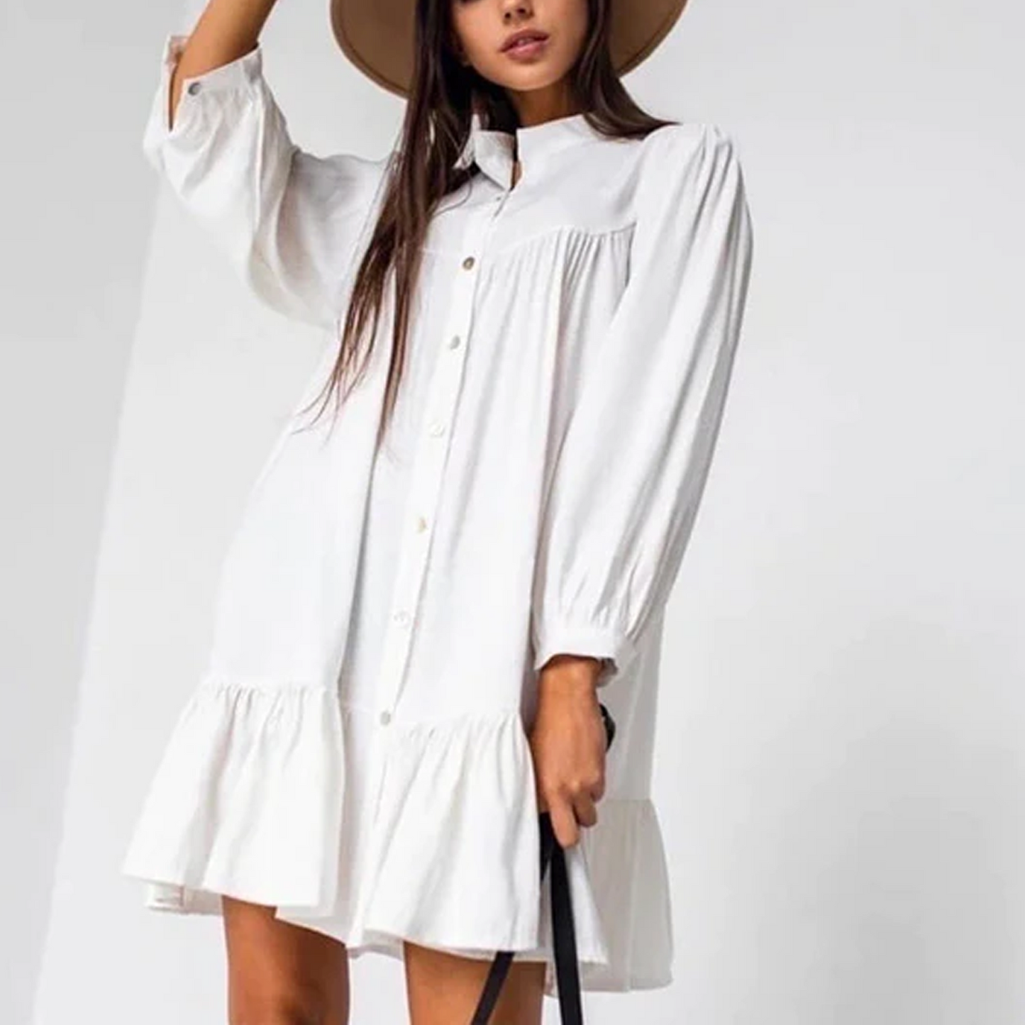Women's Vintage Ruffled Front Button A-line Long Sleeve Elegant Casual Mini Dress