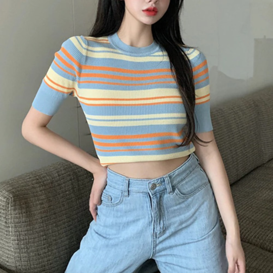 Kpop Fahion Knitted Rainbow Stripes Short Sleeve Women's Tshirt(One Size)