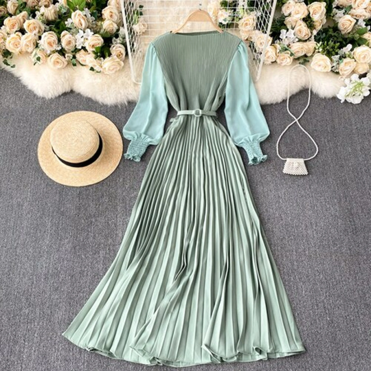 Slim Waist Pleated Elegant Chiffon Dress - Women's Spring French Style Puff Long Sleeve
