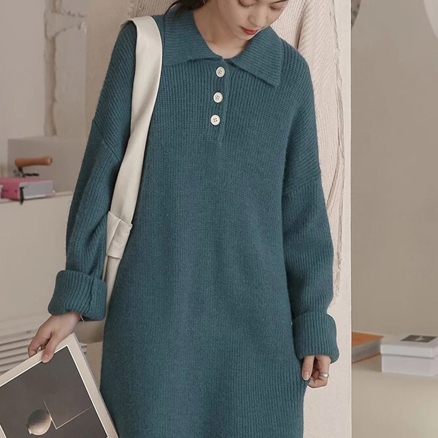 Long Autumn Knitted Sweater - Women Fashion Loose Dress