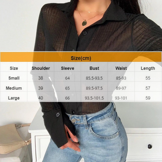 Transparent Turn Down Collar Style Women's Long Sleeves Top