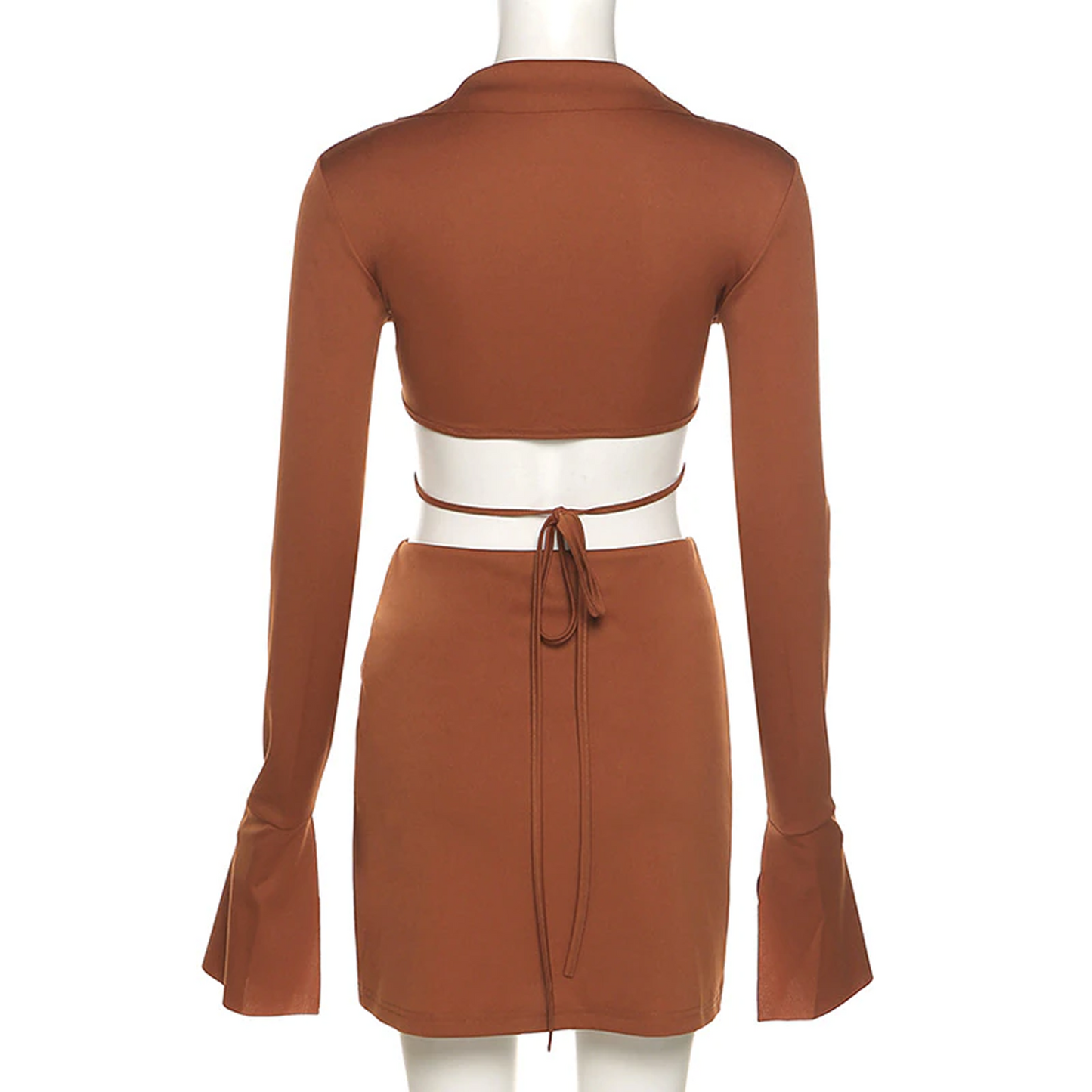Brown Sexy Tie Front Top and Skirt Sets
