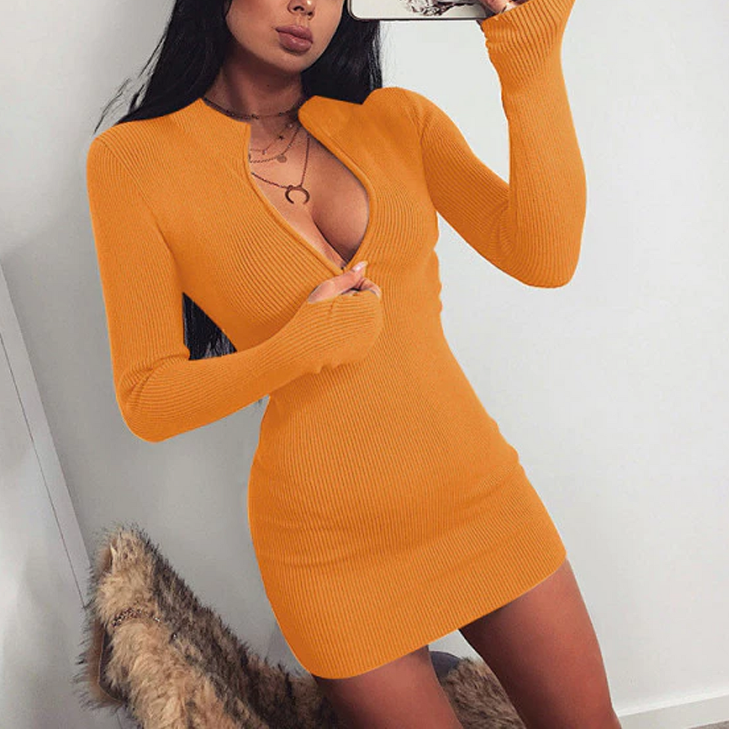 Bodycon Zipper Ribbed Dress Mini Vestido