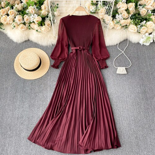 Slim Waist Pleated Elegant Chiffon Dress - Women's Spring French Style Puff Long Sleeve