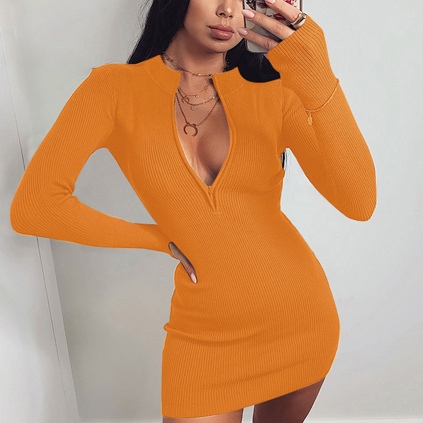 Bodycon Zipper Ribbed Dress Mini Vestido