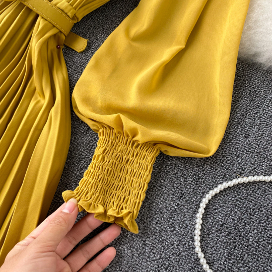 Slim Waist Pleated Elegant Chiffon Dress - Women's Spring French Style Puff Long Sleeve
