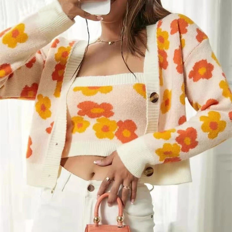 Vintage Floral Cardigan Two-Piece Set Top