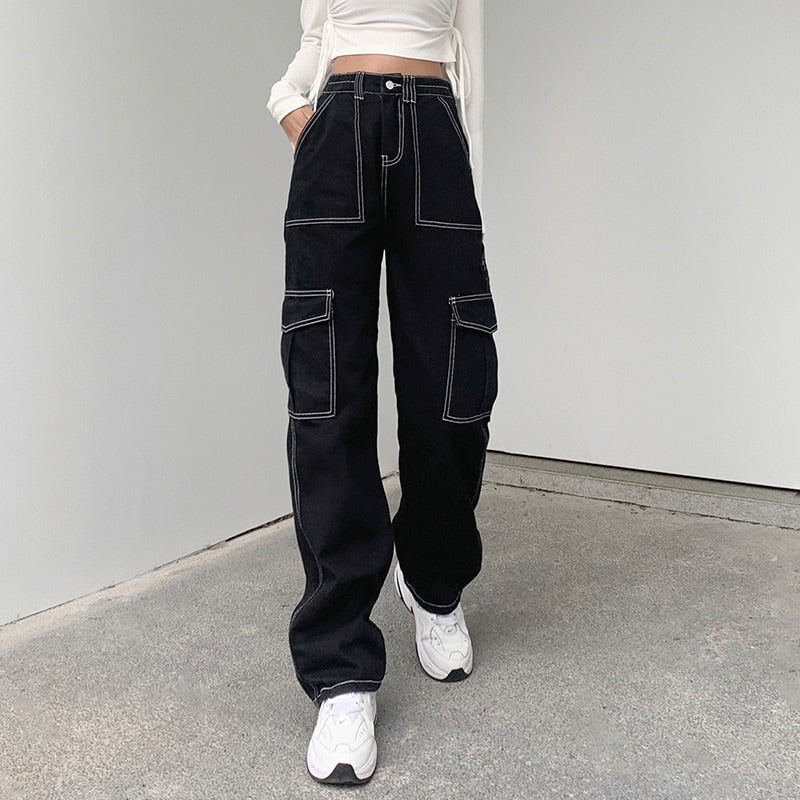 White Stitched Loose Cargo Pants