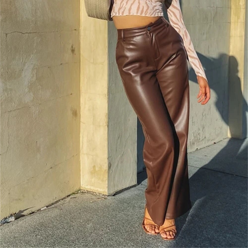 Sexy Wide-Leg Leather Pants