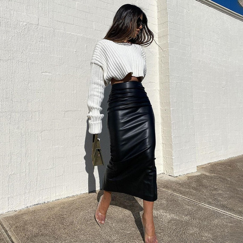 Elegant Split Long Leather Skirt