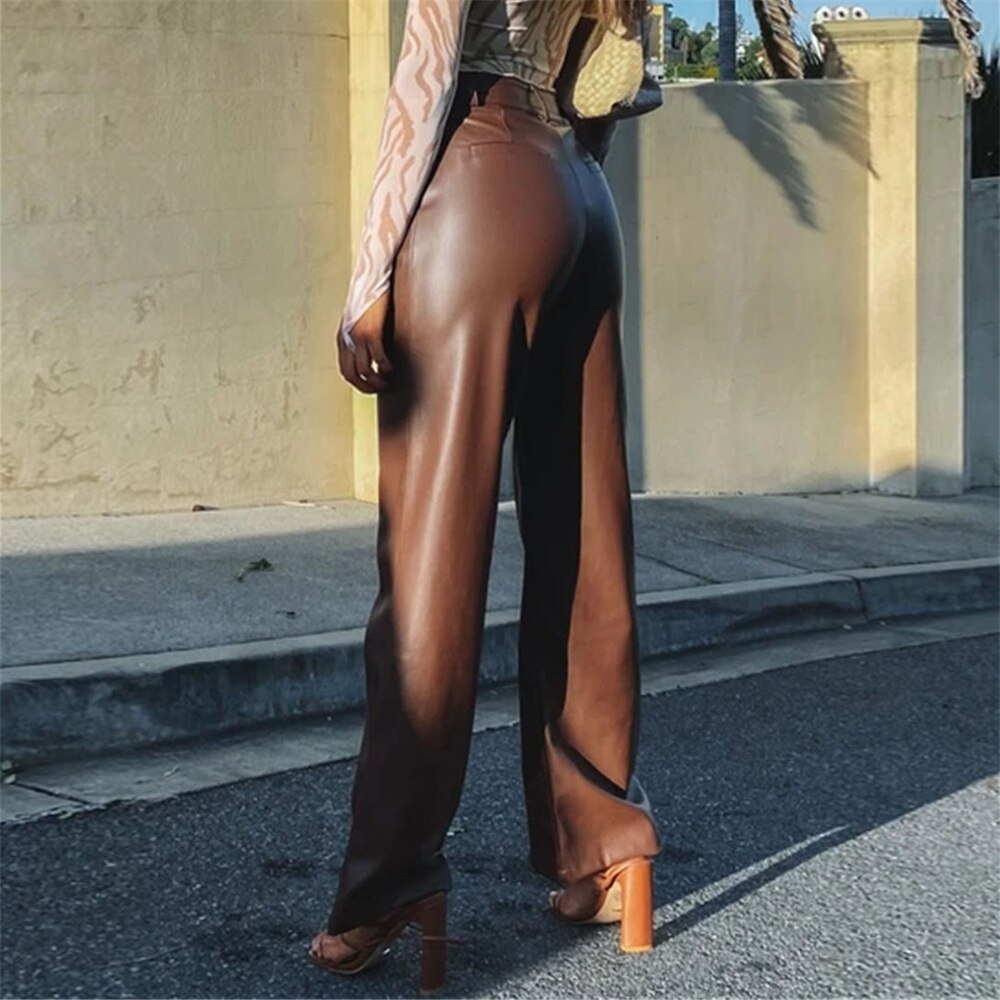 Sexy Wide-Leg Leather Pants