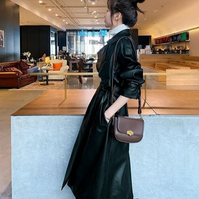 Loose Black Leather Trench Coat