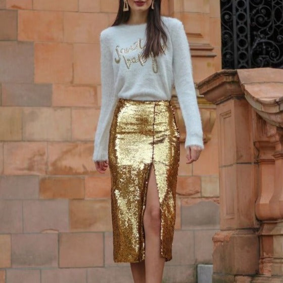 Fully Sequined Slit Midi Skirt
