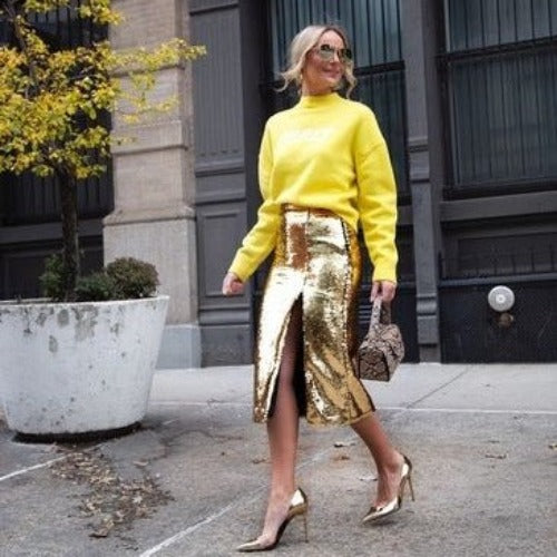 Fully Sequined Slit Midi Skirt