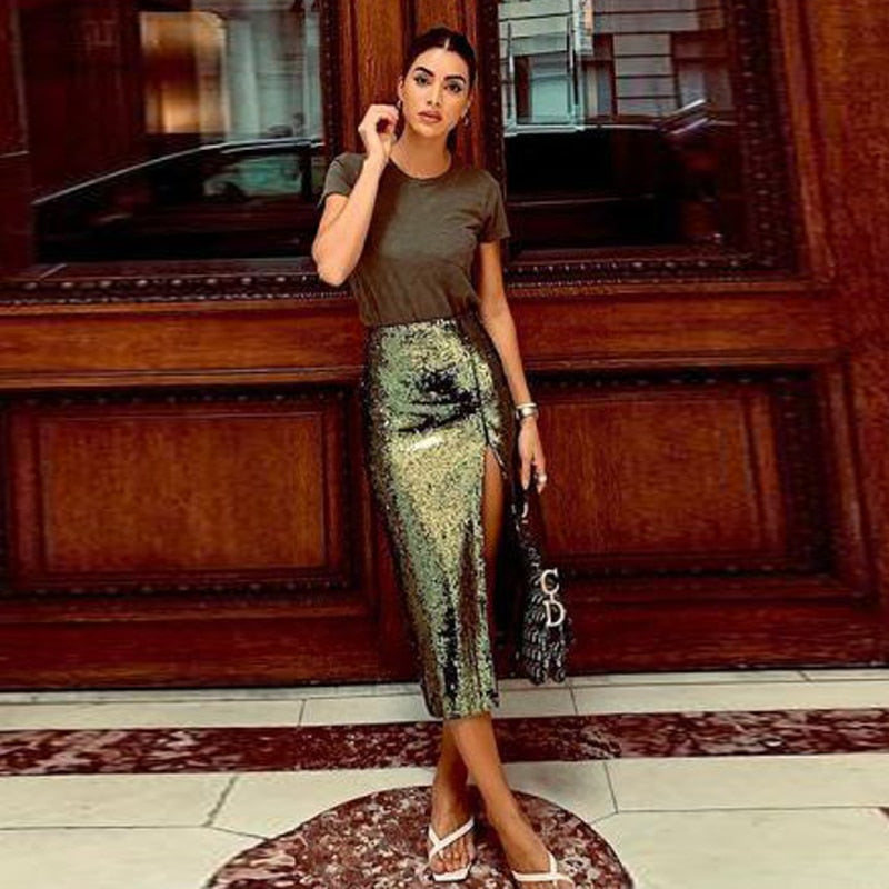 Fully Sequined Slit Midi Skirt