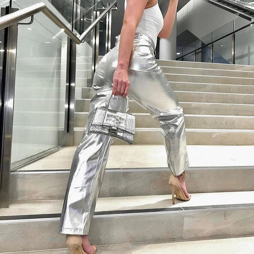 Vintage Shiny Silver Streetwear Pants