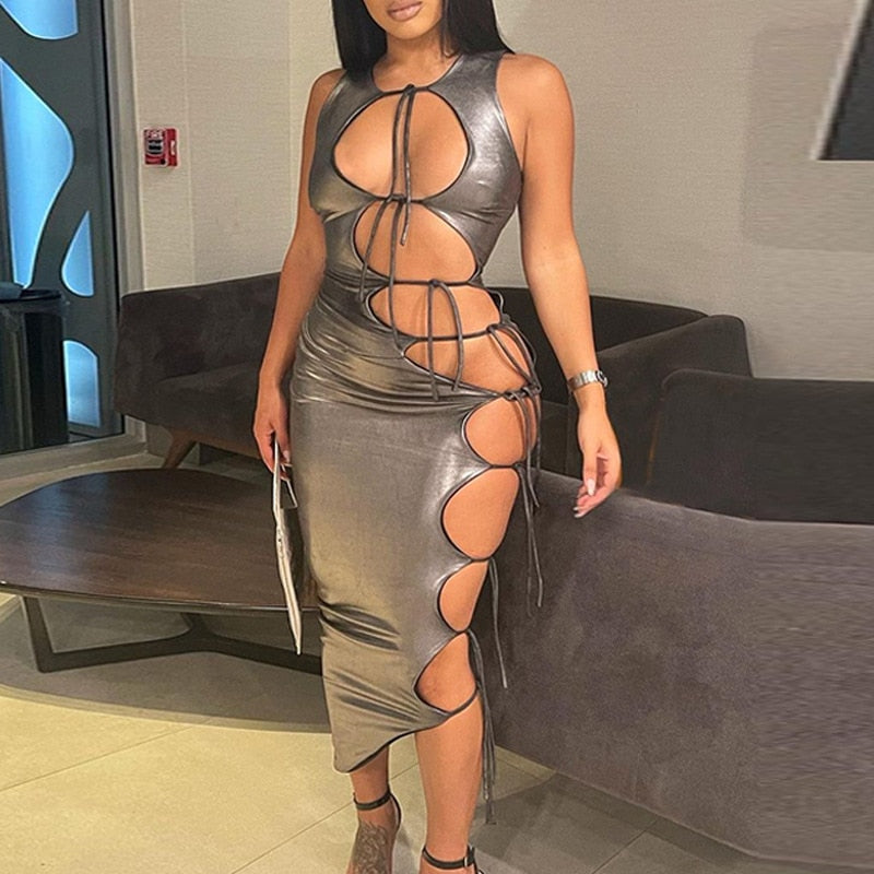 Silver Lace-Up Bodycon Dress