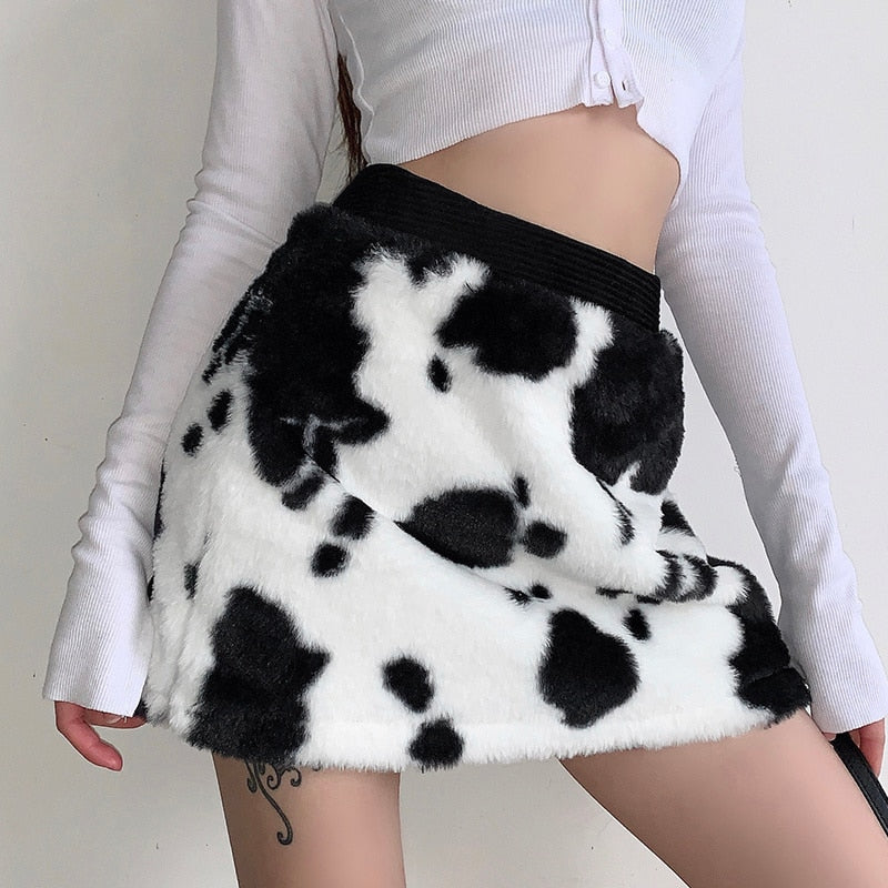 Furry Cow Print Mini Skirt