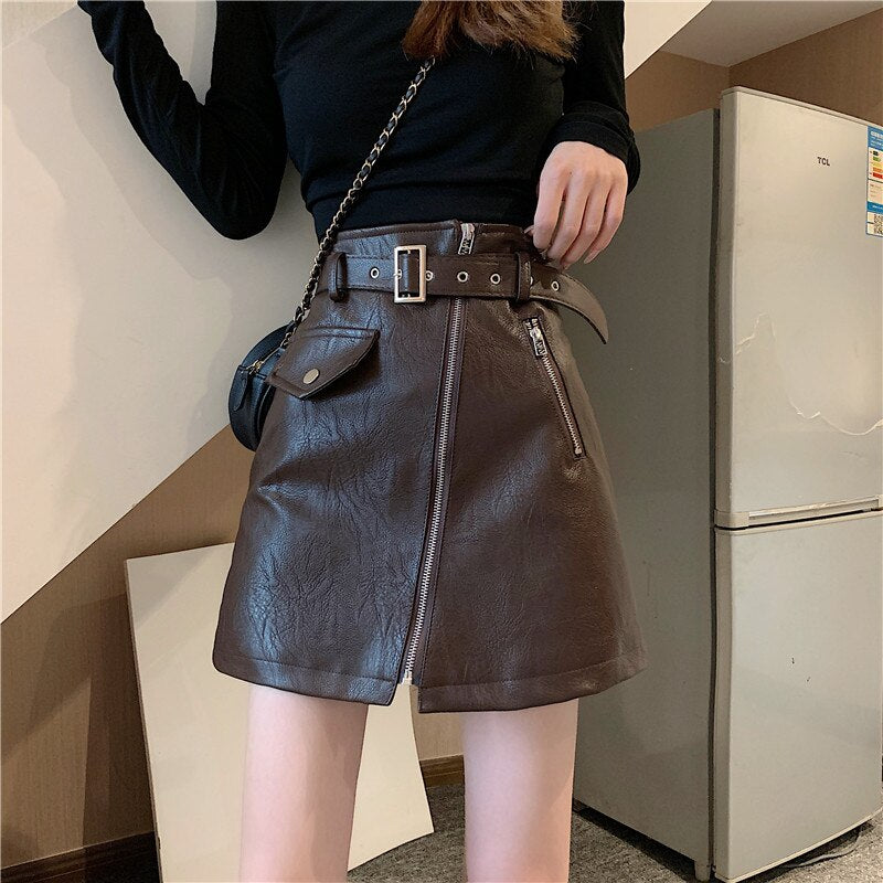 Black Belted Zip Leather Skirt