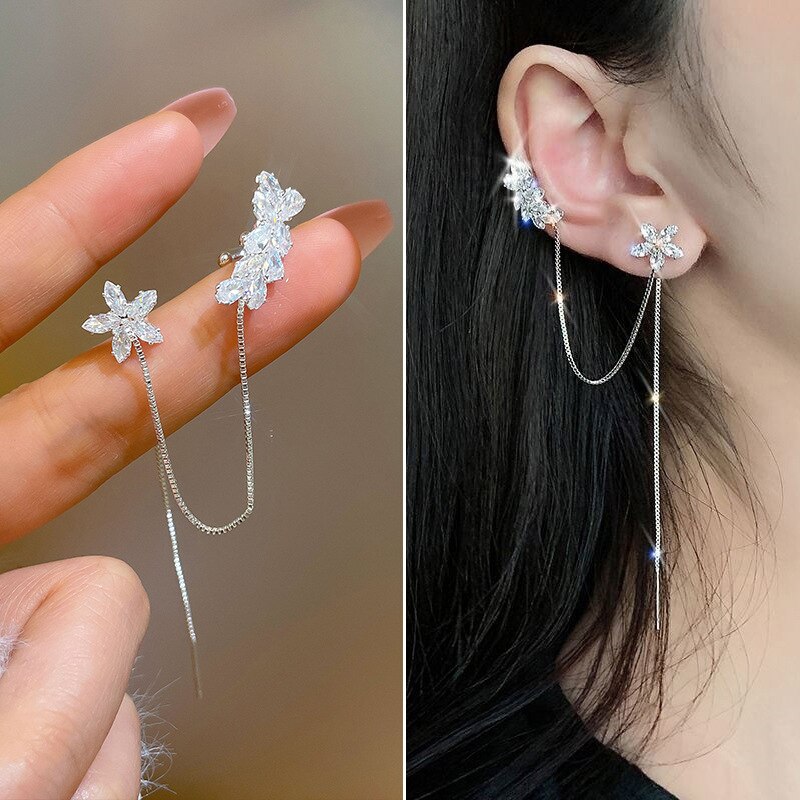 Flower Rhinestone Tassel Earrings
