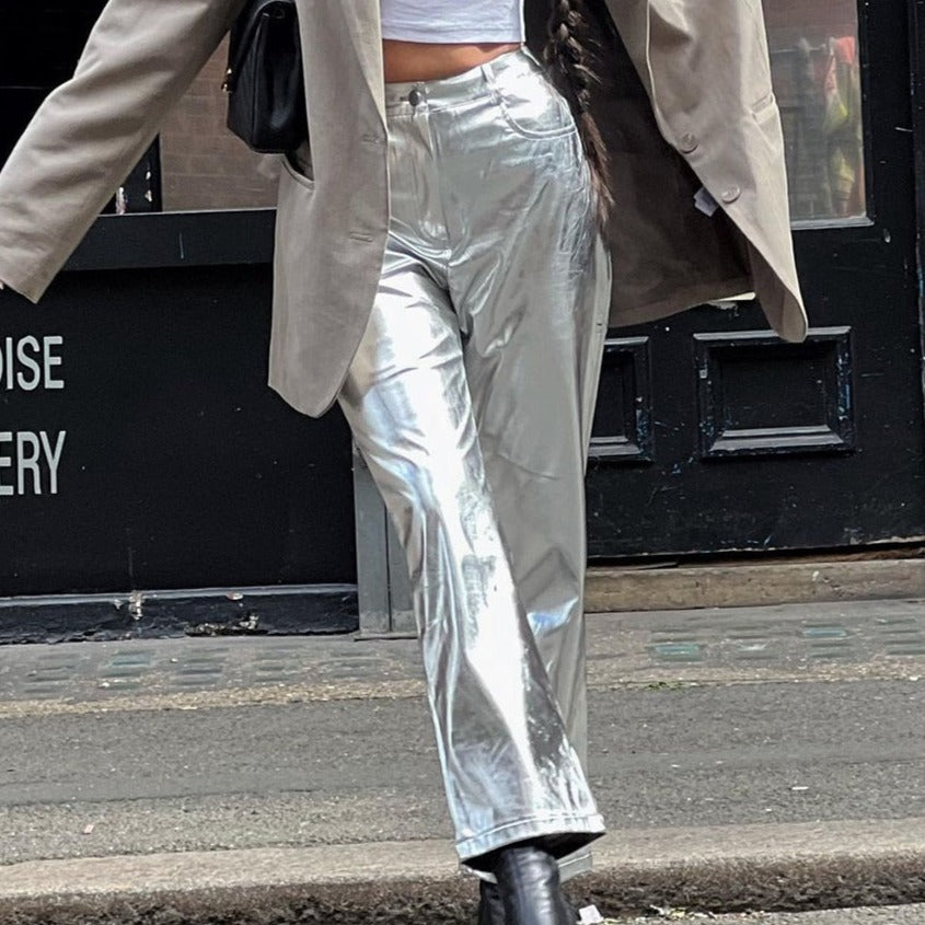 Vintage Shiny Silver Streetwear Pants