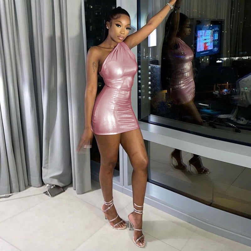 Shiny One Shoulder Mini Dress