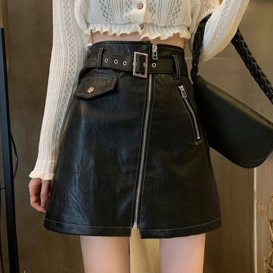 Black Belted Zip Leather Skirt