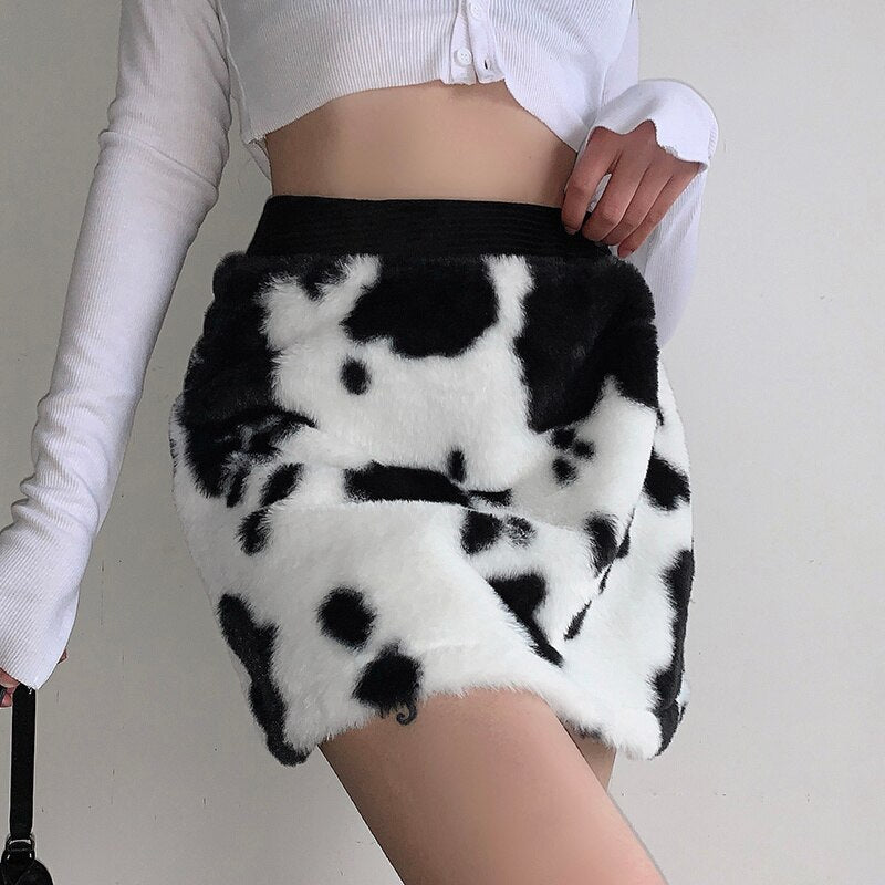 Furry Cow Print Mini Skirt