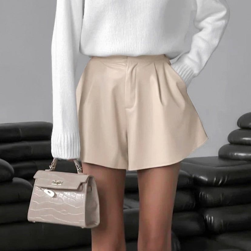Casual Pleated Flare Leather Shorts