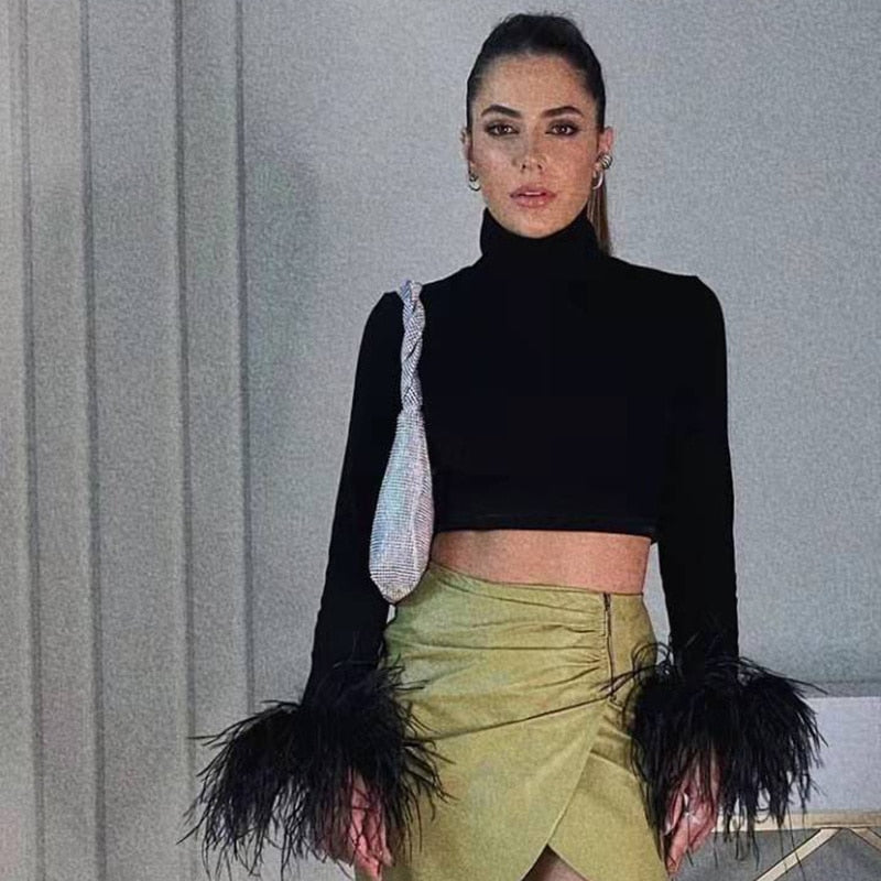 Ostrich Feather Sleeves Crop Top