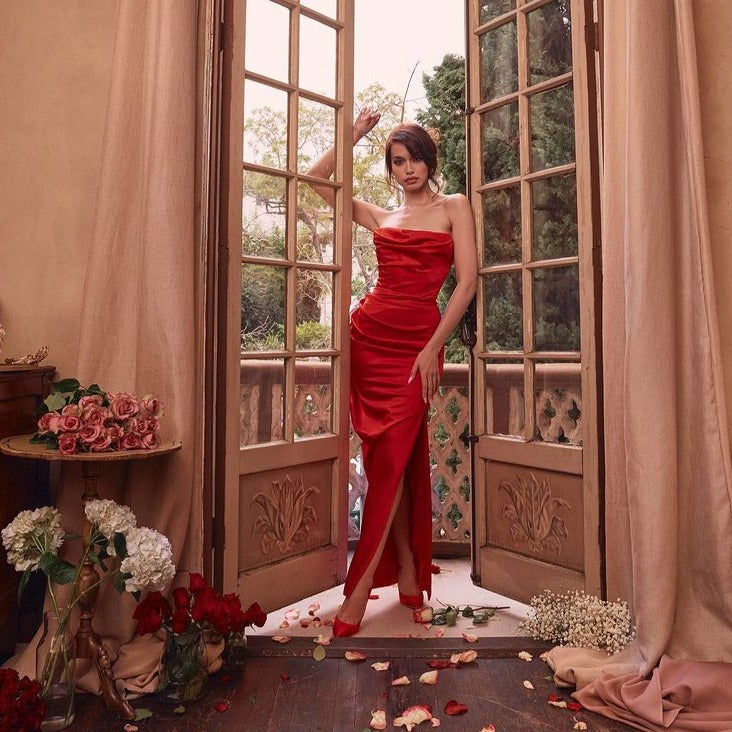 Small Pleats Strapless Long Dress