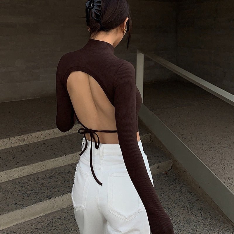 Half Turtleneck Knitted Crop Top