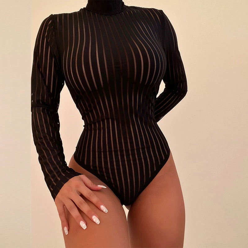 Striped Mesh Black Bodysuit