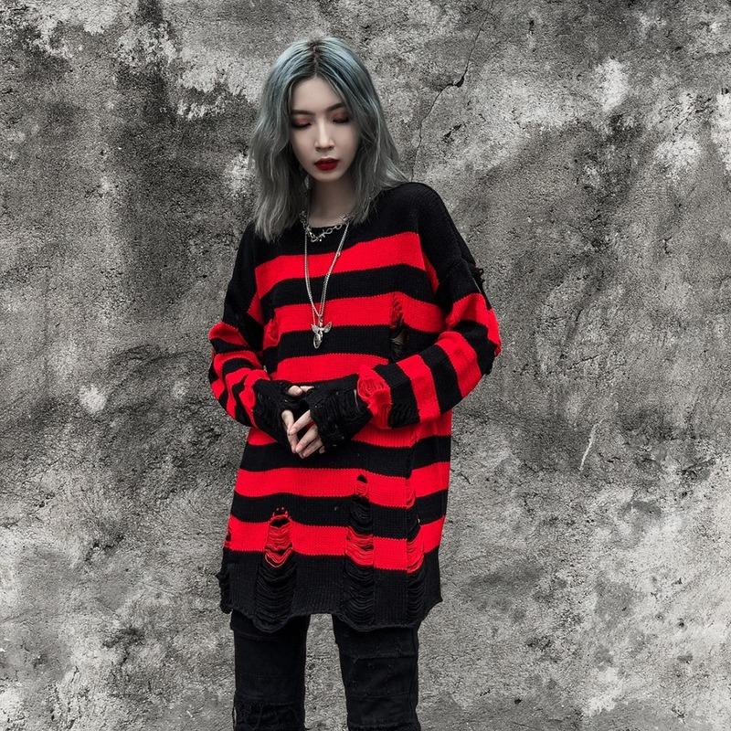Distressed Style Striped Punk Sweater